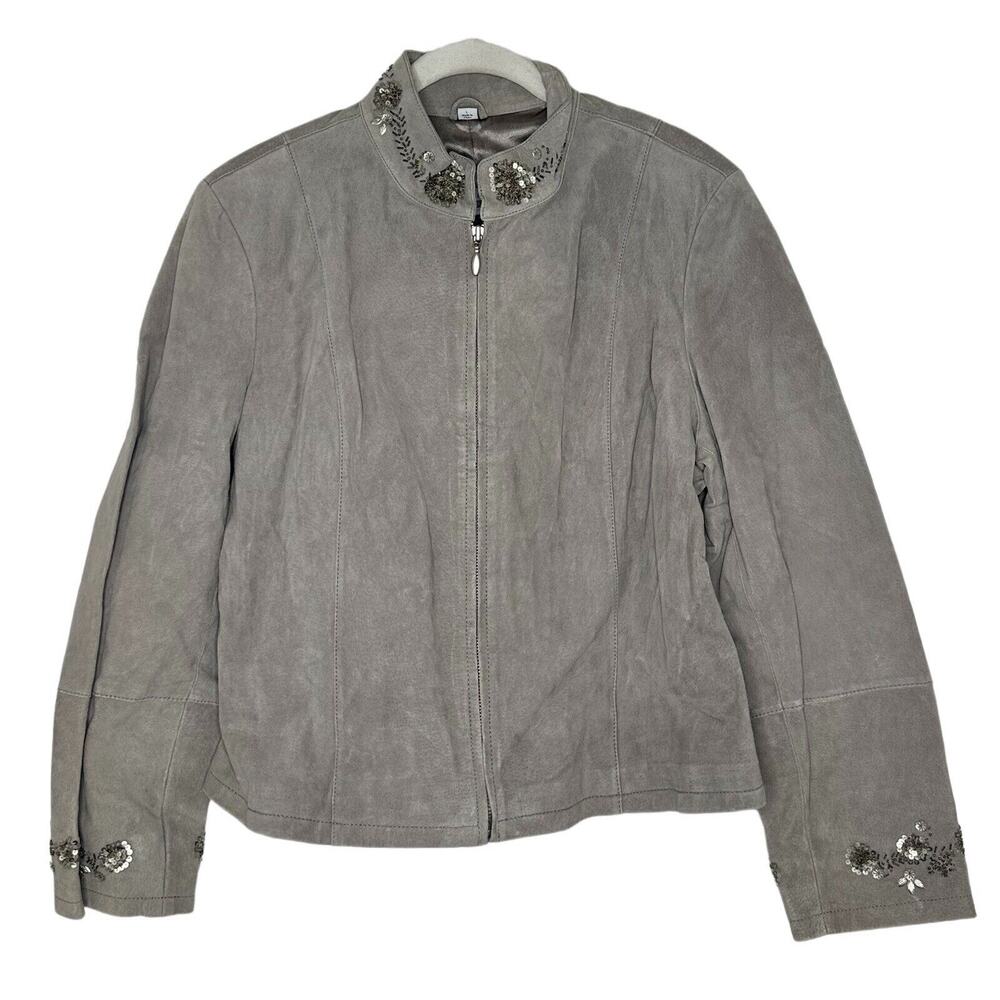 Pamela McCoy 100% Suede Leather Gray Beaded Sequin Zip Jacket Size Large